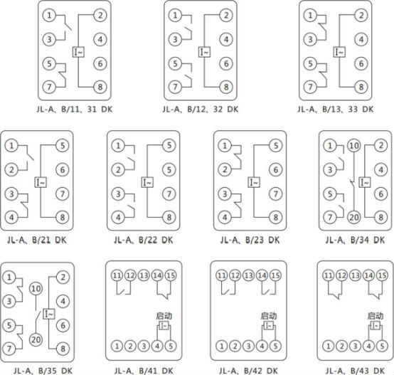 JL-A、B/41 DK無輔源電流繼電器內(nèi)部接線及外引端子圖（正視圖）