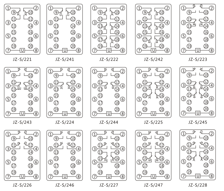 JZ-S/341靜態(tài)可調(diào)延時(shí)中間繼電器內(nèi)部接線(xiàn)圖及外引接線(xiàn)圖 JZ-S/341靜態(tài)可調(diào)延時(shí)中間繼電器內(nèi)部接線(xiàn)圖及外引接線(xiàn)圖