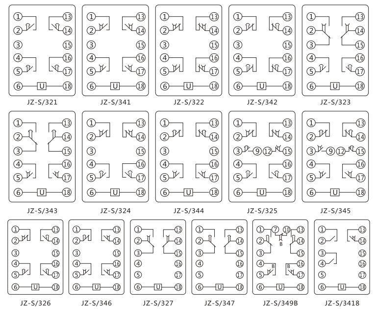 JZ-S/444靜態(tài)可調(diào)延時中間繼電器內(nèi)部接線圖及外引接線圖 JZ-S/444靜態(tài)可調(diào)延時中間繼電器內(nèi)部接線圖及外引接線圖